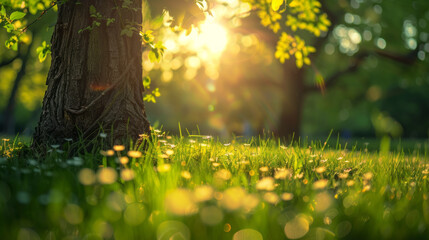 Wall Mural - Sunlit tranquil park scene with lush greenery and tree