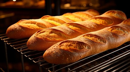 Poster - Generative AI Baguettes cooling on a wire rack after being baked to golden perfection in a traditional brick oven