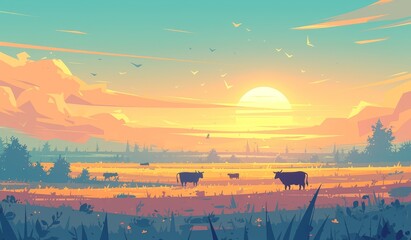 Wall Mural - A beautiful sunrise over the meadow with cows