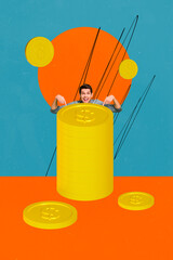 Poster - Creative picture collage of successful businessman showing his earnings in this year cryptocurrency coins isolated on blue color background