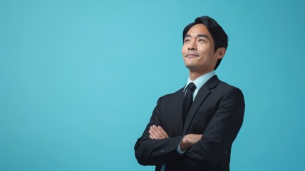 a confident man in a suit stands against a blue backdrop, exuding professionalism and leadership. id