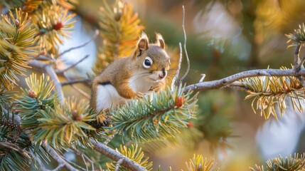 Poster - A squirrel is sitting on a tree branch. The tree is full of pine needles and the squirrel is looking at the camera