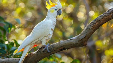 Poster - A white and yellow cockatoo bird is perched on top of a tree branch. The bird is standing upright, with its feathers ruffled slightly by the wind. The surrounding leaves are green and lush, contrastin