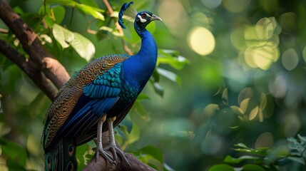 Poster - A blue and green Indian Blue Peafowl perched gracefully on a tree branch, showcasing its colorful feathers. The bird appears calm and observant, blending beautifully with the surrounding foliage.