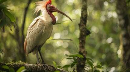 Poster - A Madagascar Crested Ibis with a long beak is standing on a branch in this nature scene. The bird is perched gracefully, showcasing its unique features.