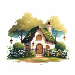 Poster - Generative AI A cute cottage with a thatched roof, nestled amidst blooming trees and a white fence