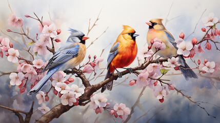 Naklejka na meble Watercolor illustration of Birds perched on branches with vibrant spring blossoms, set against a soft, pastel-colored background.