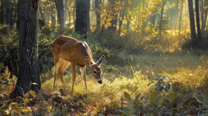 Poster - A deer is grazing in a forest. The deer is the main focus of the image, and it is surrounded by trees and grass, creating a natural and calming atmosphere