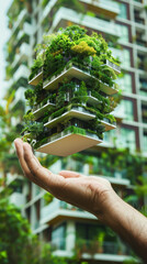 Wall Mural - A hand is holding a small building made of plants