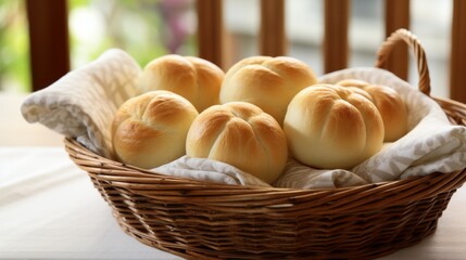 Poster - Generative AI Soft and fluffy dinner rolls arranged in a woven basket, perfect for a family gathering