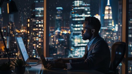 Poster - A man is sitting at a desk in front of a laptop, looking at the screen. The city outside the window is lit up, creating a mood of productivity and focus