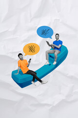 Poster - Creative collage of two man coworkers internet connection sit bit handset together bizarre unusual fantasy billboard comics