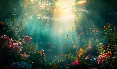 Wall Mural - underwater scene with corals and plants in the water,  Generative AI