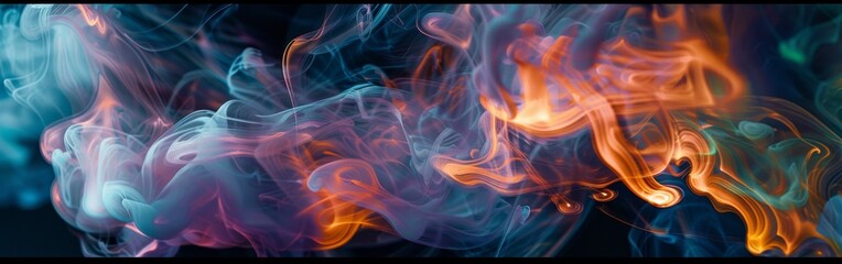 Poster - A colorful smokey background with orange and blue flames. The smoke is thick and the colors are vibrant