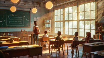 Poster - Generative AI Teacher in classroom, chalkboard and textbooks, engaged students, warm lighting, realistic school scene
