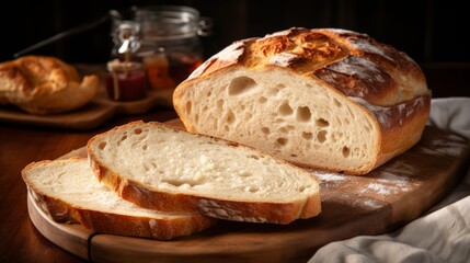 Poster - Generative AI Traditional Italian ciabatta loaves with irregular holes and a crisp crust, ideal for sandwiches