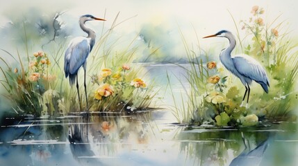 Poster - Generative AI Tranquil marshlands with diverse birdlife. aquarelle