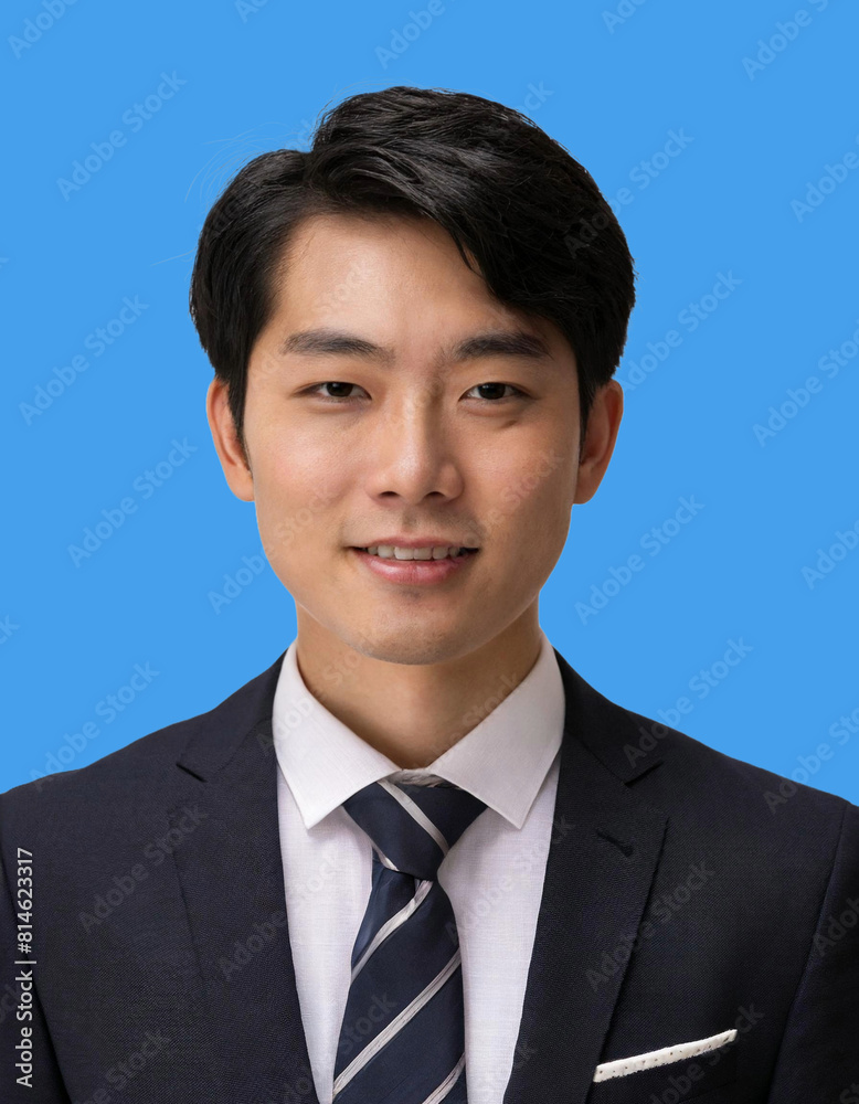 青い背景にスーツ姿の若い日本人男性の証明写真。バストアップ。 Stock