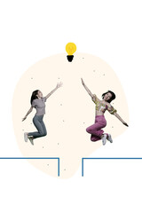 Sticker - Creative trend collage of electric bulb electricity strategy business idea funny jumping woman billboard comics zine