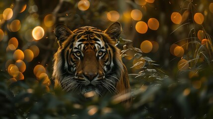 Wall Mural - Intriguing shot of a Bengal Tiger blending seamlessly into its forest environment, with bokeh lights creating a sense of mystery and wonder.