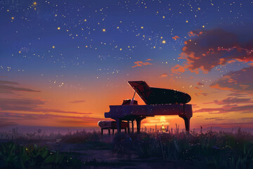 A piano is sitting in a field at sunset