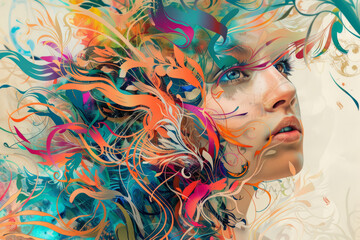 Wall Mural - Colorful Digital Art Portrait of a Young Woman