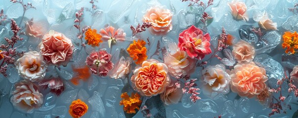 Wall Mural - abstract background of wilted flowers frozen in ice water