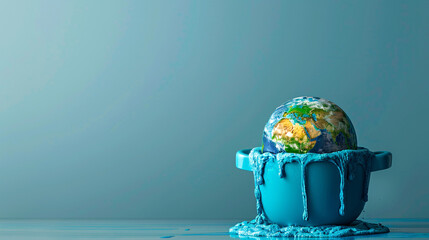 Poster - A boiling pot containing a melting globe is set against a minimalist color background, creating an unreal and thought-provoking image. The concept of global boiling is highlighted through the surreal