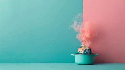 Poster - A boiling pot containing a melting globe is set against a minimalist color background, creating an unreal and thought-provoking image. The concept of global boiling is highlighted through the surreal