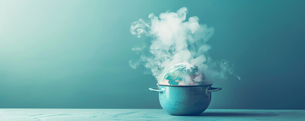 Poster - A boiling pot containing a melting globe is set against a minimalist color background, creating an unreal and thought-provoking image. The concept of global boiling is highlighted through the surreal