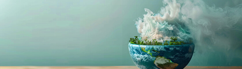 Poster - A boiling pot containing a melting globe is set against a minimalist color background, creating an unreal and thought-provoking image. The concept of global boiling is highlighted through the surreal