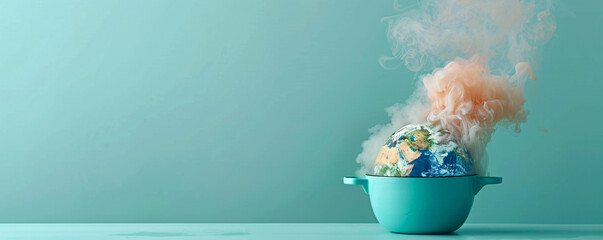 Poster - A boiling pot containing a melting globe is set against a minimalist color background, creating an unreal and thought-provoking image. The concept of global boiling is highlighted through the surreal