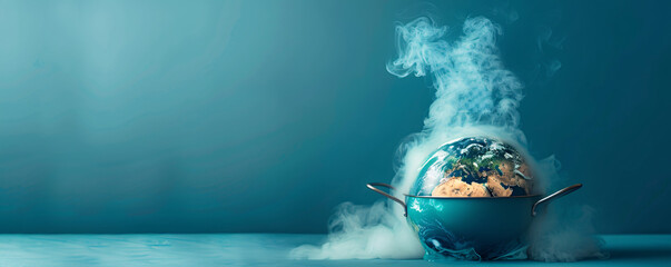 Poster - A boiling pot containing a melting globe is set against a minimalist color background, creating an unreal and thought-provoking image. The concept of global boiling is highlighted through the surreal