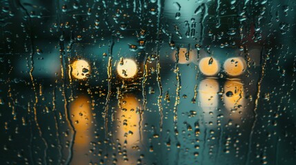 Poster - Raindrops are seen cascading down a window, with street lights glowing in the background.