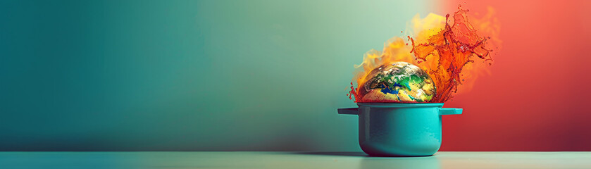 Poster - A pot boils with molten representations of the globe, set against a minimalist color background. The surreal and unreal depiction of global boiling is emphasized by the clean design and generous copy