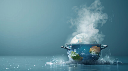 Poster - Against a minimalist color backdrop, an unreal scene depicts a pot boiling with the earth melting inside. The surreal image serves as a stark metaphor for global boiling and climate change, with