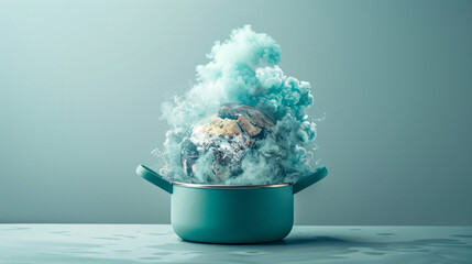 Poster - Against a minimalist color backdrop, an unreal scene depicts a pot boiling with the earth melting inside. The surreal image serves as a stark metaphor for global boiling and climate change, with