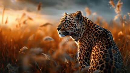 Wall Mural - A dynamic image featuring the entire length of a leopard in magnificent detail, with its lithe body and keen eyes showcased against a captivating background, perfect for a breathtaking 4K wallpaper.