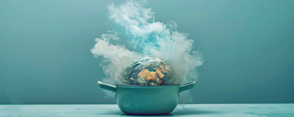 Poster - Against a minimalist color backdrop, an unreal scene depicts a pot boiling with the earth melting inside. The surreal image serves as a stark metaphor for global boiling and climate change, with