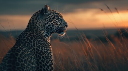 Wall Mural - An atmospheric photo showcasing the complete profile of a leopard against a breathtaking backdrop, with its sleek form and striking features captured in stunning detail for a captivating 4K wallpaper.
