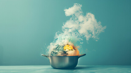 Poster - Against a minimalist color backdrop, an unreal scene depicts a pot boiling with the earth melting inside. The surreal image serves as a stark metaphor for global boiling and climate change, with