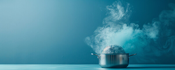 Poster - Against a minimalist color backdrop, an unreal scene depicts a pot boiling with the earth melting inside. The surreal image serves as a stark metaphor for global boiling and climate change, with