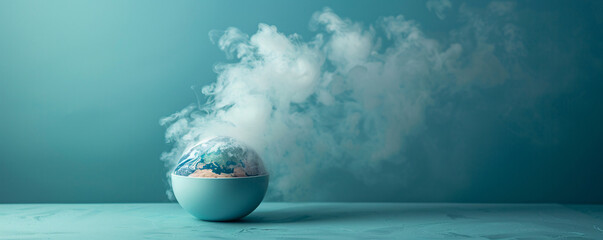 Poster - Against a minimalist color backdrop, an unreal scene depicts a pot boiling with the earth melting inside. The surreal image serves as a stark metaphor for global boiling and climate change, with
