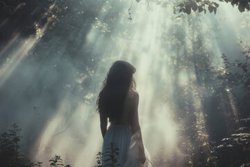 Wall Mural - Mystical woman in forest gazing at ethereal sunlight