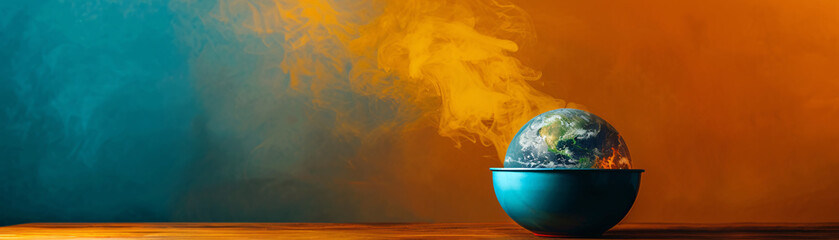 Poster - Against a minimalist color backdrop, an unreal scene depicts a pot boiling with the earth melting inside. The surreal image serves as a stark metaphor for global boiling and climate change, with