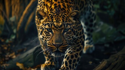 Wall Mural - An inspiring shot highlighting the majestic presence of a leopard in its entirety, with its powerful stride and fierce expression set against a stunning natural background.