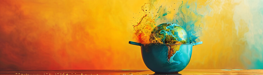 Poster - Against a minimalist color backdrop, an unreal scene depicts a pot boiling with the earth melting inside. The surreal image serves as a stark metaphor for global boiling and climate change, with