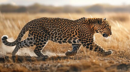 Wall Mural - An engaging photo capturing the full length of a leopard as it moves with grace and stealth against a picturesque background.