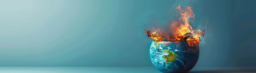 Poster - Against a minimalist color backdrop, an unreal scene depicts a pot boiling with the earth melting inside. The surreal image serves as a stark metaphor for global boiling and climate change, with