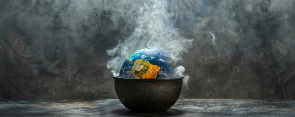 Poster - On a simple, minimalist background, a pot is shown boiling with the earth melting inside, presenting an unreal and striking image of global boiling. The surreal composition is designed to draw